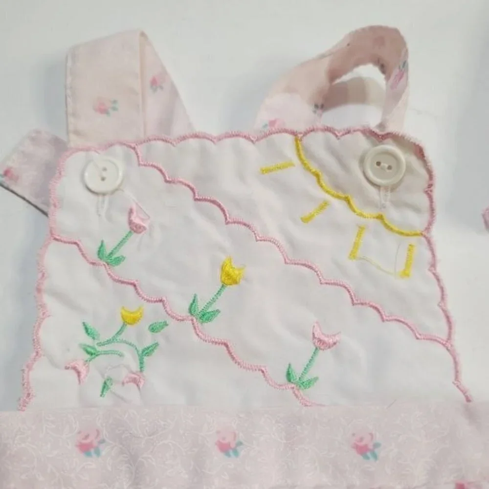 Vintage 90s Mayfair Pastel Pink Tulip Embroidery Baby Romper and Bonnet